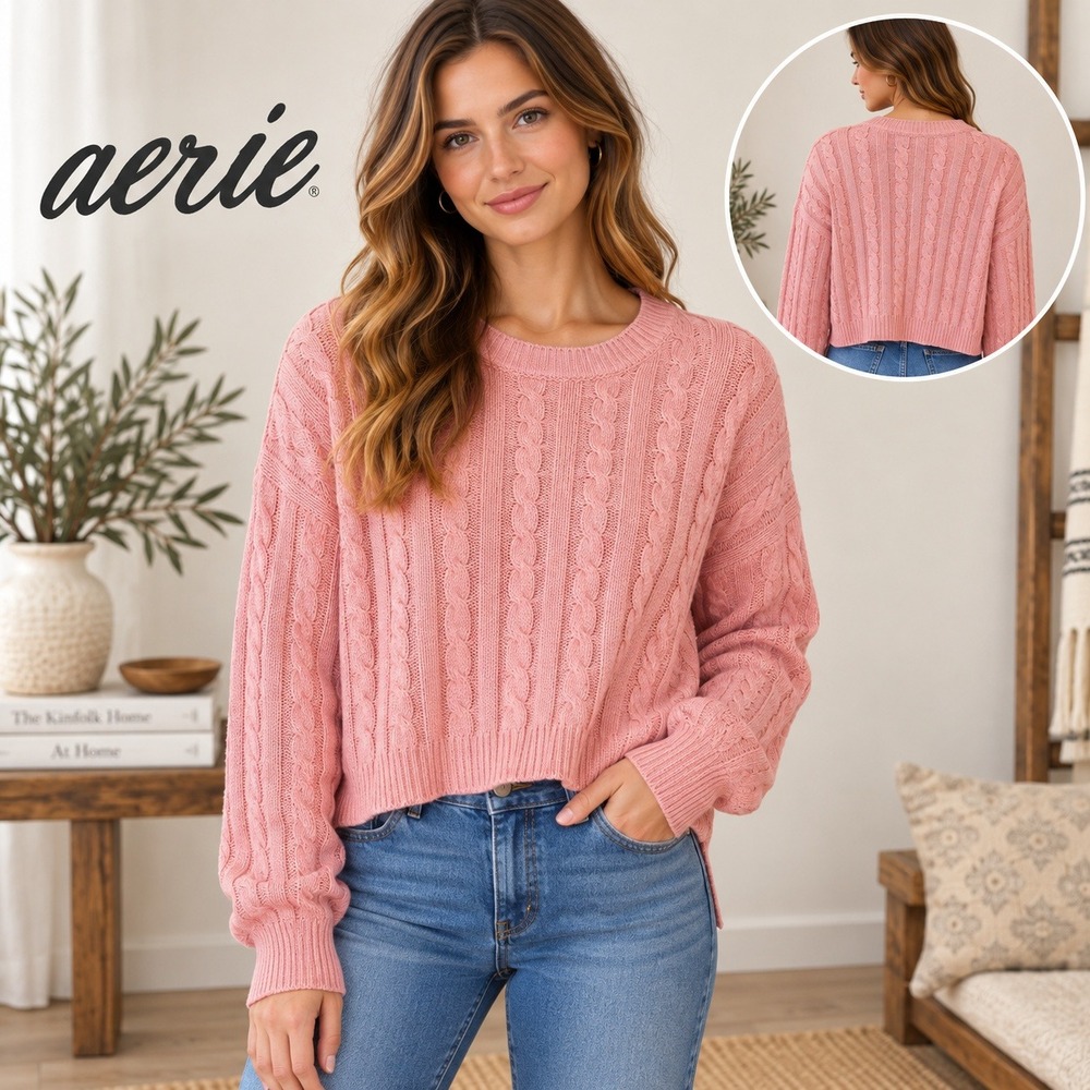 Aerie Pink Cable Knit Cropped Sweater Crew Neck Long Sleeve Pullover Size Large